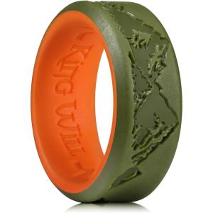 King Will Silicone Rings For Men, Rubber Wedding Bands with Unique Mountain Peak Design Multiple Colors, 8mm Wide 2.2mm Thick, Comfort Fit Size 7-13(Olive Green & Orange)