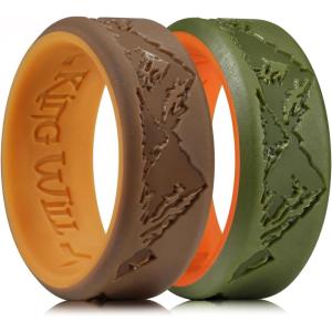 King Will Silicone Rings For Men, Rubber Wedding Bands with Unique Mountain Peak Design Multiple Colors, 8mm Wide 2.2mm Thick, Comfort Fit Size 7-13(Olive Green&Orange + Brown&Chestnut yellow)