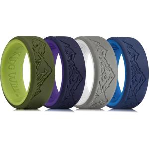 King Will Silicone Rings For Men, Rubber Wedding Bands with Unique Mountain Peak Design Multiple Colors, 8mm Wide 2.2mm Thick, Comfort Fit Size 7-13(Two-Tone ( Blue+Purple+Dark Green+Gray))