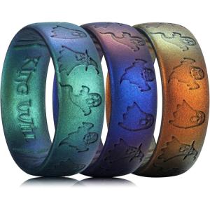 King Will Silicone Wedding Band for Men Women- 1.8mm Ultra Thin Ring 3 Packs in Camouflage/Unique Pattern | Comfort Grip Inner Design | Hypoallergenic Rubber Ring for Gym, Work, Travel Size 7-13(Ghost-3 Packs)