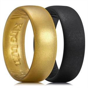 King Will Silicone Wedding Band for Men Women- 1.8mm Ultra Thin Ring with Metallic Shimmer | Comfort Grip Inner Design | Hypoallergenic Rubber Wedding Ring for Gym, Work, Travel Size 7-14(Black+Gold)