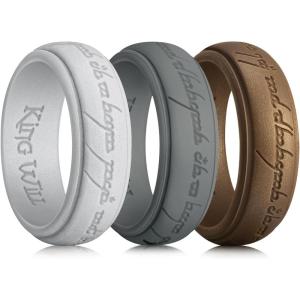 King Will Silicone Wedding Band for Men-8mm Width in Brown&Blue&Orange&Gold&Sliver, Breathable Rubber Wedding Ring with Unique Pattern Design Comfort Fit Size 8-14(Dark Grey+Silver+Bronze)