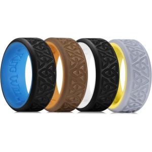 King Will Silicone Wedding Rings For Men, 4 Pack Rubber Wedding Bands with Celtic Knot Pattern, 8mm Wide 2.2mm Thick, Comfort Fit Size 12
