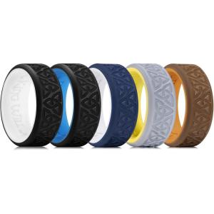 King Will Silicone Wedding Rings For Men, 4 Pack Rubber Wedding Bands with Celtic Knot Pattern, 8mm Wide 2.2mm Thick, Comfort Fit Size 13(Black & White + Brown & Chestnut yellow + Gray & Yellow + Blue & White + Black & Blue)