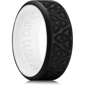 King Will Silicone Wedding Rings For Men, 4 Pack Rubber Wedding Bands with Celtic Knot Pattern, 8mm Wide 2.2mm Thick, Comfort Fit Size 13(Black & White)