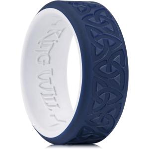 King Will Silicone Wedding Rings For Men, 4 Pack Rubber Wedding Bands with Celtic Knot Pattern, 8mm Wide 2.2mm Thick, Comfort Fit Size 13(Blue & White)