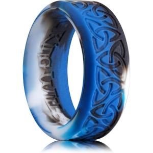 King Will Silicone Wedding Rings For Men, 4 Pack Rubber Wedding Bands with Celtic Knot Pattern, 8mm Wide 2.2mm Thick, Comfort Fit Size 13(Blue Camouflage)