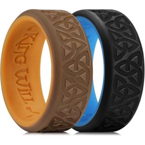 King Will Silicone Wedding Rings For Men, 4 Pack Rubber Wedding Bands with Celtic Knot Pattern, 8mm Wide 2.2mm Thick, Comfort Fit Size 13(Brown + Black & Blue)