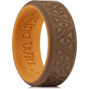 King Will Silicone Wedding Rings For Men, 4 Pack Rubber Wedding Bands with Celtic Knot Pattern, 8mm Wide 2.2mm Thick, Comfort Fit Size 13(Brown)