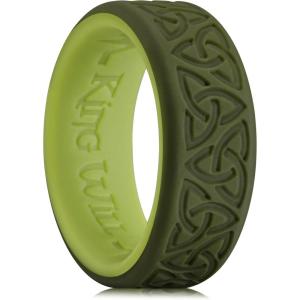 King Will Silicone Wedding Rings For Men, 4 Pack Rubber Wedding Bands with Celtic Knot Pattern, 8mm Wide 2.2mm Thick, Comfort Fit Size 13(Two-Tone Dark Green)