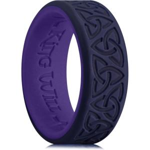 King Will Silicone Wedding Rings For Men, 4 Pack Rubber Wedding Bands with Celtic Knot Pattern, 8mm Wide 2.2mm Thick, Comfort Fit Size 13(Two-Tone Purple)