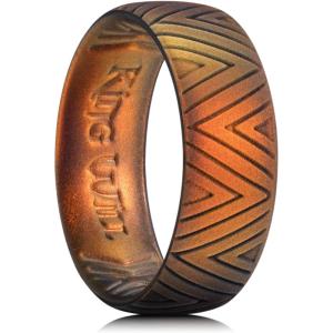 King Will Silicone Wedding Rings For Men, 6.6mm Wide 1.8mm Thick Triangular Pattern Design Rubber Wedding Bands, Sunset Orange, Breathable Design, Comfort Fit Size 10