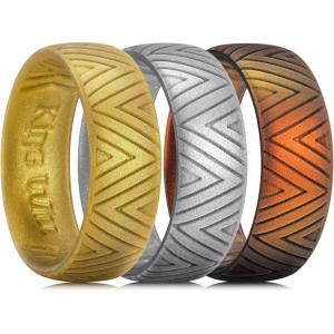 King Will Silicone Wedding Rings For Men, 6.6mm Wide 1.8mm Thick Triangular/Star/Flower Pattern Design Rubber Wedding Bands, Breathable Design, Comfort Fit Size 7-13(Gold+Metallic Dark Gray+Sunset orange)