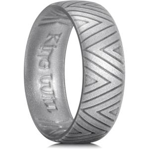 King Will Silicone Wedding Rings For Men, 6.6mm Wide 1.8mm Thick Triangular/Star/Flower Pattern Design Rubber Wedding Bands, Breathable Design, Comfort Fit Size 7-13(A-Metallic Dark Gray)