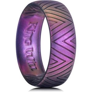 King Will Silicone Wedding Rings For Men, 6.6mm Wide 1.8mm Thick Triangular/Star/Flower Pattern Design Rubber Wedding Bands, Breathable Design, Comfort Fit Size 7-13(A-Starry Sky Purple)