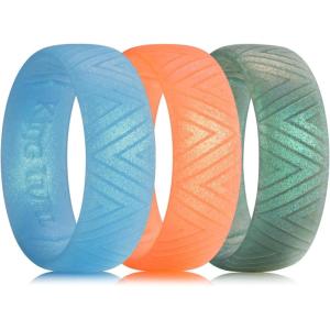 King Will Silicone Wedding Rings For Men, 6.6mm Wide 1.8mm Thick Triangular/Star/Flower Pattern Design Rubber Wedding Bands, Breathable Design, Comfort Fit Size 7-13(Pack B)