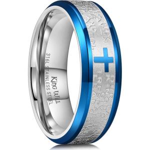 King Will Stainless Steel Men Ring 8mm Lord’s Prayer Cross Ring Stainless Steel Men Wedding Ring, Gold/Silver/Black Wedding Band Bible Engraved Rings High Polished, Comfort Fit Size 7-14(Sliver&Blue)