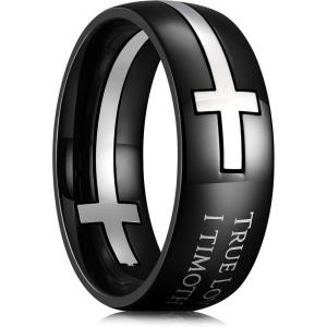 King Will Stainless Steel Men Ring 8mm Lord’s Prayer Cross Ring Stainless Steel Men Wedding Ring, Gold/Silver/Black Wedding Band Bible Engraved Rings High Polished, Comfort Fit Size 7-14(Black Silver)