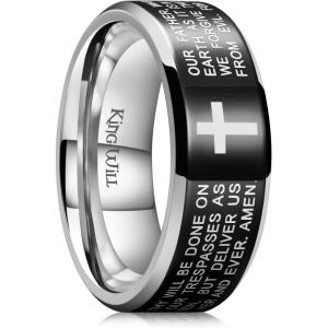 King Will Stainless Steel Men Ring 8mm Lord’s Prayer Cross Ring Stainless Steel Men Wedding Ring, Gold/Silver/Black Wedding Band Bible Engraved Rings High Polished, Comfort Fit Size 7-14(black polish)