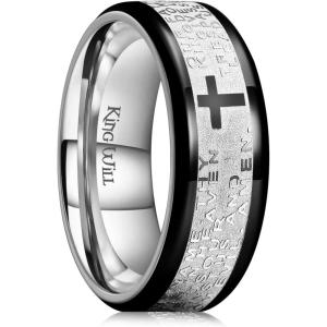 King Will Stainless Steel Men Ring 8mm Lord’s Prayer Cross Ring Stainless Steel Men Wedding Ring, Gold/Silver/Black Wedding Band Bible Engraved Rings High Polished, Comfort Fit Size 7-14(black)