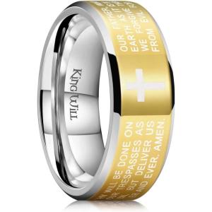 King Will Stainless Steel Men Ring 8mm Lord’s Prayer Cross Ring Stainless Steel Men Wedding Ring, Gold/Silver/Black Wedding Band Bible Engraved Rings High Polished, Comfort Fit Size 7-14(gold polish)