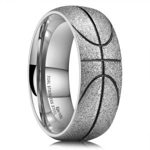 King Will Stainless Steel Men’s Ring, Basketball Men’s Wedding Ring, 8mm Arc Design with Etched Basketball Pattern, Aged Silver/Gold Finish with Black Grooves, Size 7-14(Basketball 8mm)