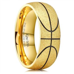 King Will Stainless Steel Men’s Ring, Basketball Men’s Wedding Ring, 8mm Arc Design with Etched Basketball Pattern, Aged Silver/Gold Finish with Black Grooves, Size 7-14(Gold)