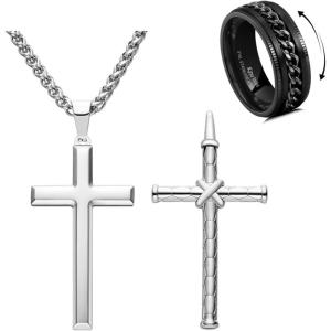 King Will Stainless Steel Men’s Ring-Black Men Chain Fidget Spinner Ring with 2 Cross Pendent Necklace