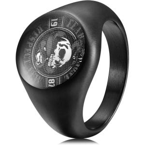 King Will Stainless Steel Ring for Men – Meteorite Inlay Matte Finished Black/Silver/Gold Plated Pinky Signet With Skull/Lion Pattern – Comfort Fit Thumb Ring Size 7-14(Deep Black)