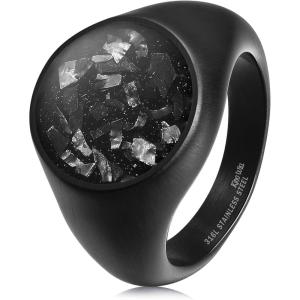 King Will Stainless Steel Ring for Men – Meteorite Inlay Matte Finished Black/Silver/Gold Plated Pinky Signet With Skull/Lion Pattern – Comfort Fit Thumb Ring Size 7-14(Black)