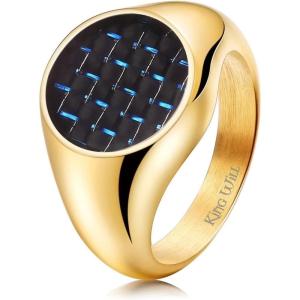 King Will Stainless Steel Ring for Men – Meteorite Inlay Matte Finished Black/Silver/Gold Plated Pinky Signet With Skull/Lion Pattern – Comfort Fit Thumb Ring Size 7-14(Gold)