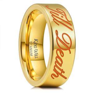 King Will Till Death Men Wedding Band in Rose Gold, 8mm Stainless Steel Wedding Ring for Men, Rose-Gold Wedding Ring Polished Corrosion-Resistant Till Death Ring Comfort Fit Size 7-12(Gold)