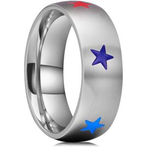 King Will Titanium Steel Wedding Band for Men Women-8mm Black/Sliver Wedding Ring with Stars and Hearts in Vary Colors Design Comfort Fit Size 10(Star-Sliver)