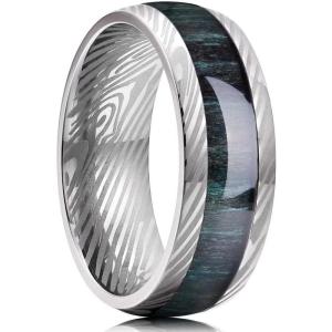 King Will Titanium Wedding Band for Men 7-8mm Black/Silver/Gold Titanium Men Ring with Koa/Maple Wood Inlay, Wooden Wedding Ring for Men Women Comfort Fit Size 6-14(C-Sliver Green Wood)