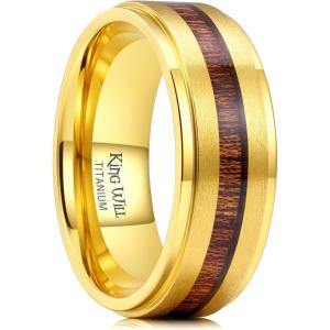 King Will Titanium Wedding Band for Men 7-8mm Black/Silver/Gold Titanium Men Ring with Koa/Maple Wood Inlay, Wooden Wedding Ring for Men Women Comfort Fit Size 6-14(B-Gold Koa Wood)