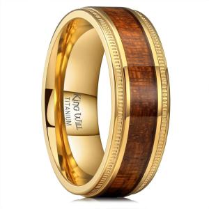 King Will Titanium Wedding Band for Men 7-8mm Black/Silver/Gold Titanium Men Ring with Koa/Maple Wood Inlay, Wooden Wedding Ring for Men Women Comfort Fit Size 6-14(A-Gold Sapele Wood)