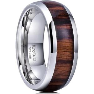 King Will Titanium Wedding Band for Men 7-8mm Black/Silver/Gold Titanium Men Ring with Koa/Maple Wood Inlay, Wooden Wedding Ring for Men Women Comfort Fit Size 6-14(C-Silver 8mm Koad Wood)