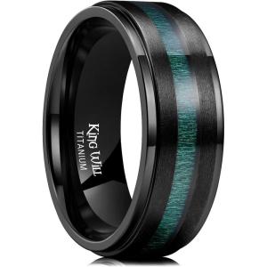 King Will Titanium Wedding Band for Men 7-8mm Black/Silver/Gold Titanium Men Ring with Koa/Maple Wood Inlay, Wooden Wedding Ring for Men Women Comfort Fit Size 6-14(B-Black Green Maple Wood)