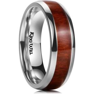 King Will Titanium Wedding Band for Men 7-8mm Black/Silver/Gold Titanium Men Ring with Koa/Maple Wood Inlay, Wooden Wedding Ring for Men Women Comfort Fit Size 6-14(C-Silver 7mm Koa Wood)