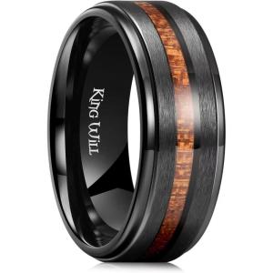 King Will Titanium Wedding Band for Men 7-8mm Black/Silver/Gold Titanium Men Ring with Koa/Maple Wood Inlay, Wooden Wedding Ring for Men Women Comfort Fit Size 6-14(B-Black Koad Wood)