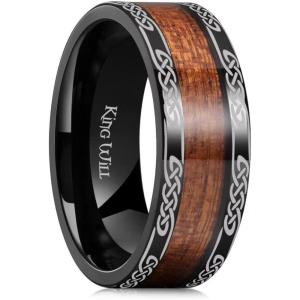 King Will Titanium Wedding Band for Men 7-8mm Black/Silver/Gold Titanium Men Ring with Koa/Maple Wood Inlay, Wooden Wedding Ring for Men Women Comfort Fit Size 6-14(Celtic Knot)