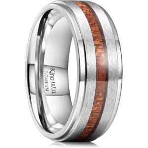 King Will Titanium Wedding Band for Men 7-8mm Black/Silver/Gold Titanium Men Ring with Koa/Maple Wood Inlay, Wooden Wedding Ring for Men Women Comfort Fit Size 6-14(B-Silver Koad Wood)