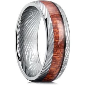 King Will Titanium Wedding Band for Men 7-8mm Black/Silver/Gold Titanium Men Ring with Koa/Maple Wood Inlay, Wooden Wedding Ring for Men Women Comfort Fit Size 6-14(C-Sliver Nature Wood)