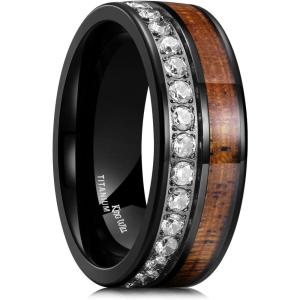 King Will Titanium Wedding Band for Men 7-8mm Black/Silver/Gold Titanium Men Ring with Koa/Maple Wood Inlay, Wooden Wedding Ring for Men Women Comfort Fit Size 6-14(Zirconia 8mm)