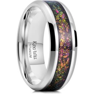King Will Titanium Wedding Band for Men Women-8mm Black Titanium Rings with Multicolor Foils Inlay, Durable Wedding Rings with Domed & Flat Cut Style Comfort Fit Size 7-13(B-Sliver-Green)