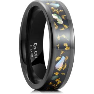 King Will Titanium Wedding Band for Men Women-8mm Black Titanium Rings with Multicolor Foils Inlay, Durable Wedding Rings with Domed & Flat Cut Style Comfort Fit Size 7-13(C-Black-Gold+Green)