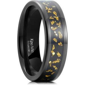 King Will Titanium Wedding Band for Men Women-8mm Black Titanium Rings with Multicolor Foils Inlay, Durable Wedding Rings with Domed & Flat Cut Style Comfort Fit Size 7-13(C-Black-Gold)