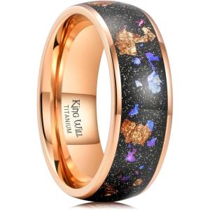 King Will Titanium Wedding Band for Men Women-8mm Black Titanium Rings with Multicolor Foils Inlay, Durable Wedding Rings with Domed & Flat Cut Style Comfort Fit Size 7-13(A-Rose Gold-Gold+Purple)