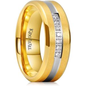King Will Titanium Wedding Band for Men Women-8mm Black/Silver/Gold Wedding Ring with Cubic Zirconia CZ Inlay Matte Finish Engagement Promise Ring Comfort Fit Size 7-14(Gold)