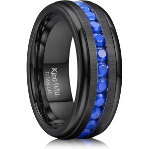 King Will Titanium Wedding Band for Men Women-8mm Black/Silver/Gold Wedding Ring with Cubic Zirconia CZ Inlay Matte Finish Engagement Promise Ring Comfort Fit Size 7-14(Balck-Blue)